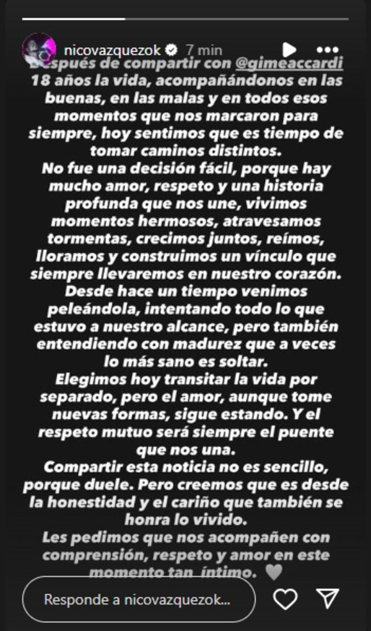 El comunicado de Nico Vázquez, que también compartió Gimena Accardi.