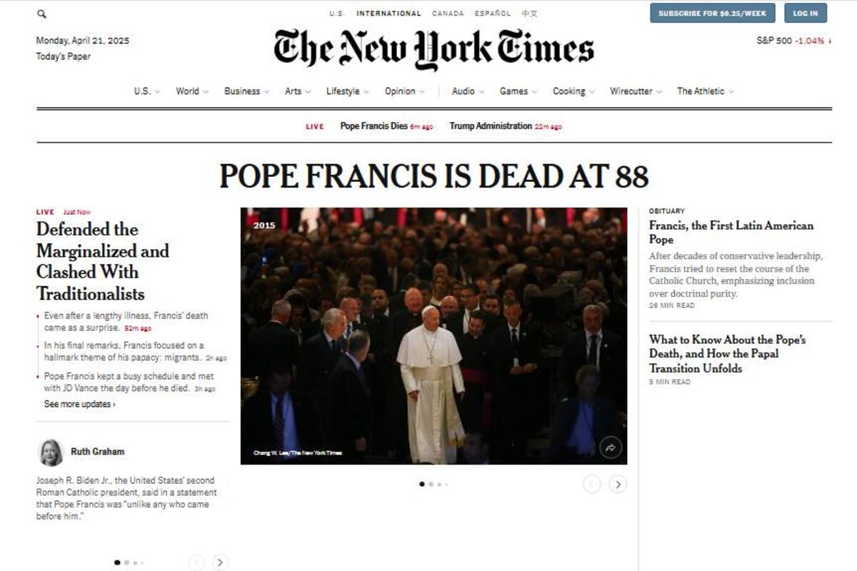 The New York Times. Los portales del mundo se hicieron eco de la muerte del Papa Francisco.