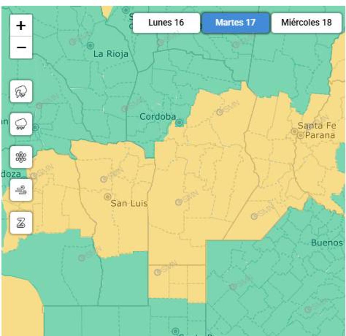 Clima. Alerta amarilla por tormentas para este martes 17 de febrero. (SMN)