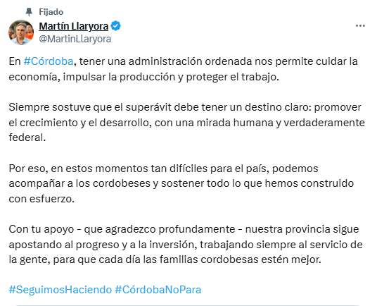 Captura del posteo en X de Martín Llaryora.