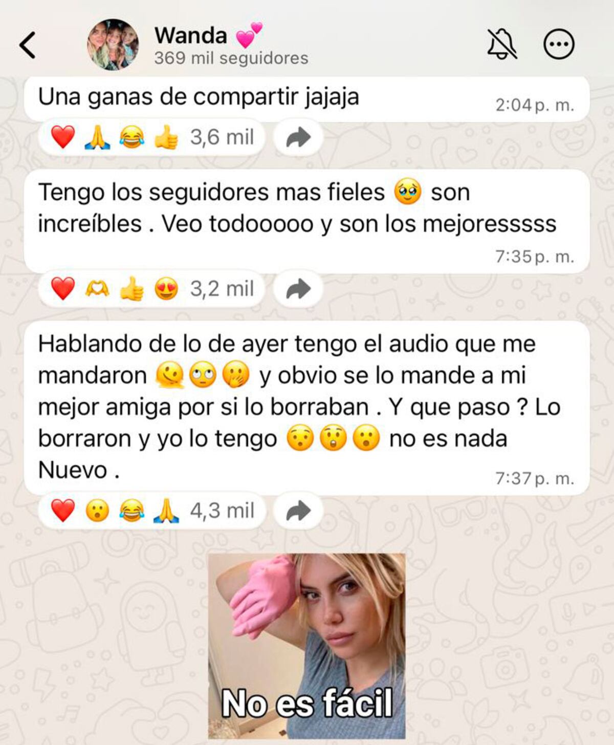Los mensajes de Wanda Nara en su canal. Foto: captura pantalla