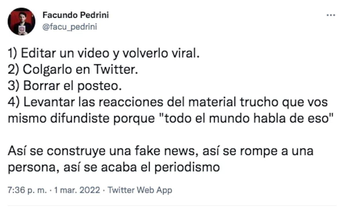 El tuit de Facundo Pedrini en apoyo a Flavio Azzaro.