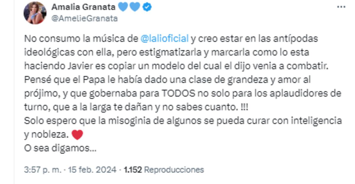 La diputada Amalia Granata escribió un mensaje de apoyo a Lali. (Captura)
