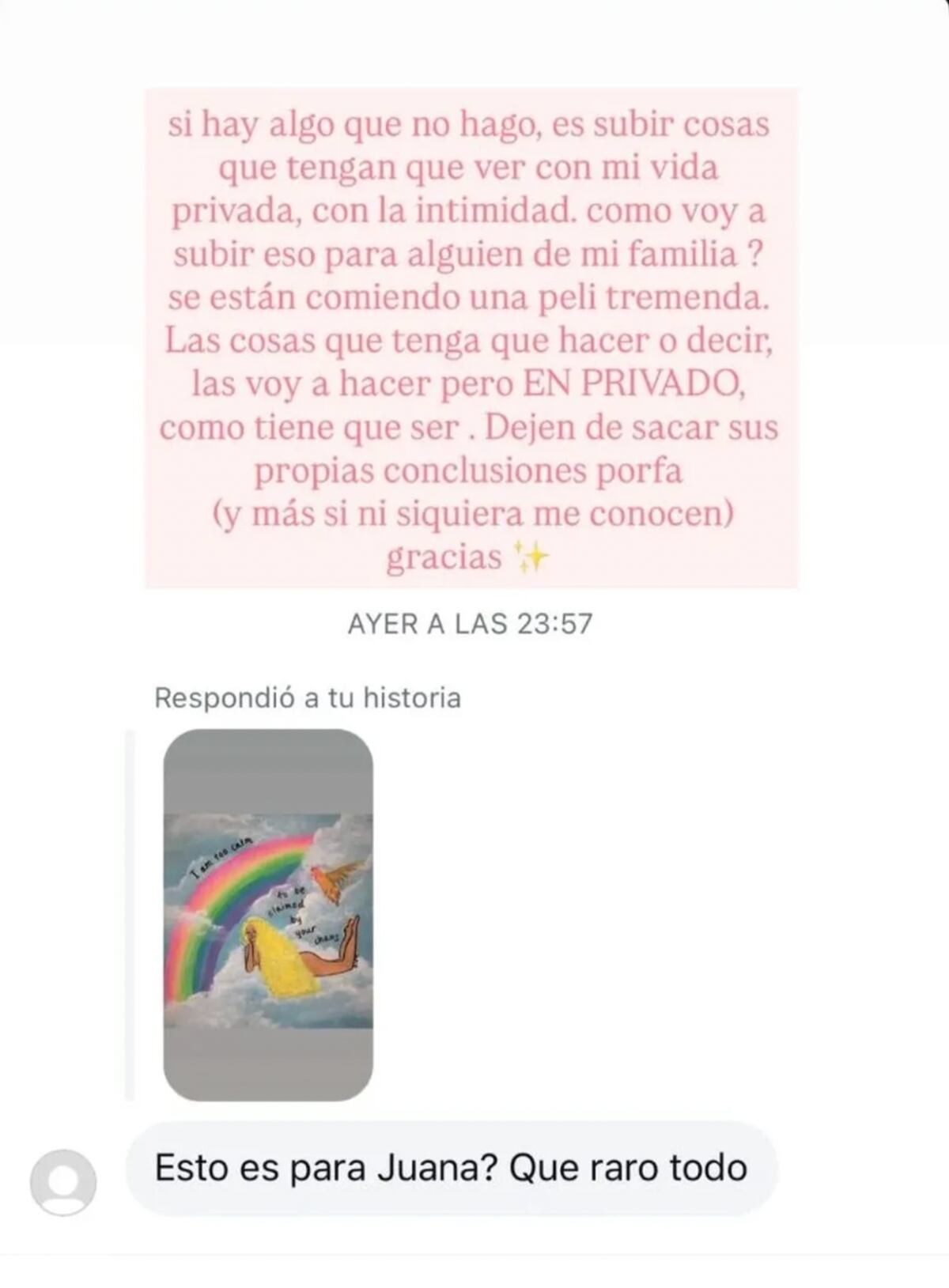 La publicación de Mica Tinelli sobre el tema de Juana, su hermana menor. (Foto: Captura de pantalla)