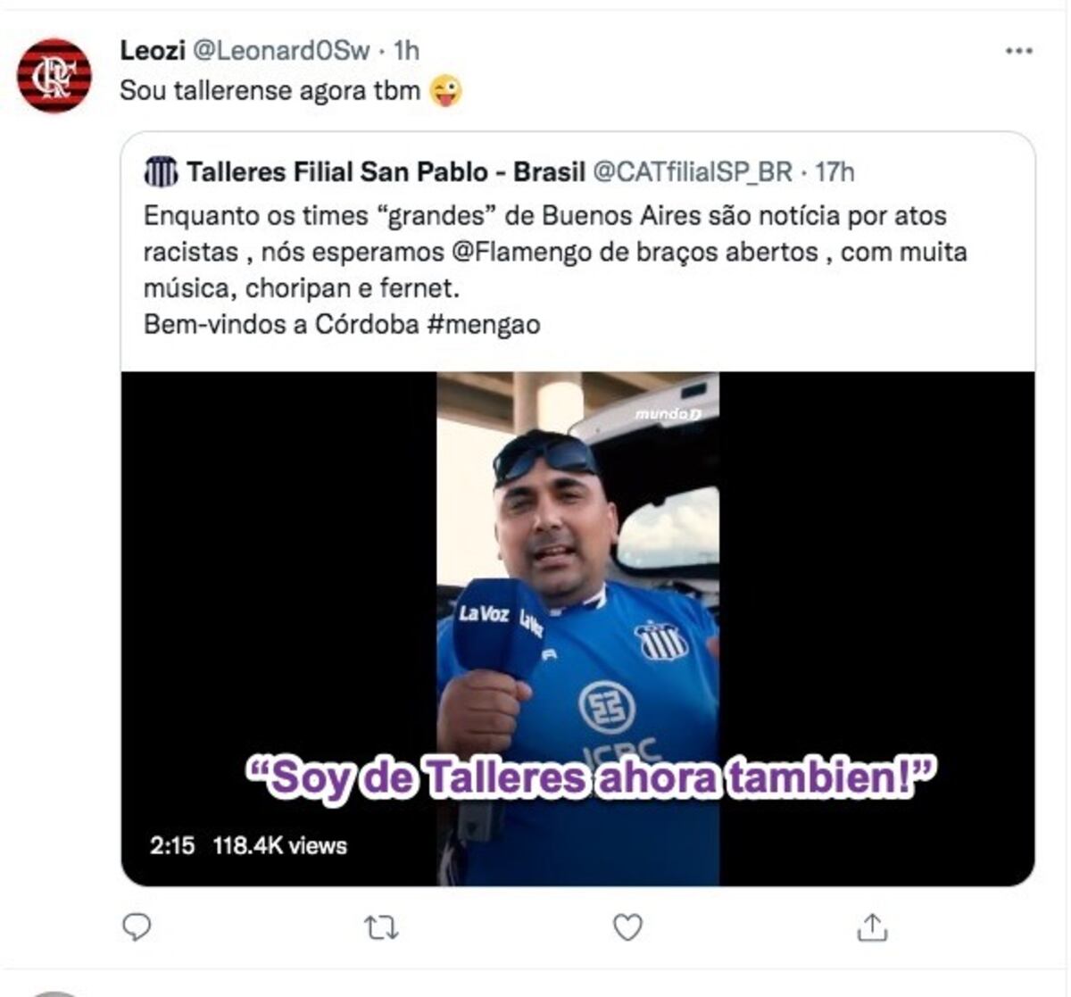 La hinchada de Flamengo elogiando a la de Talleres en redes sociales.