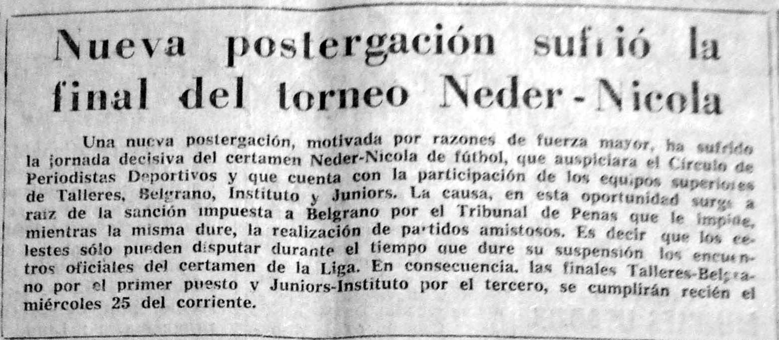 Las notas de la época con la postergación del clásico Belgrano-Talleres. (Archivo Gustavo Farías)
