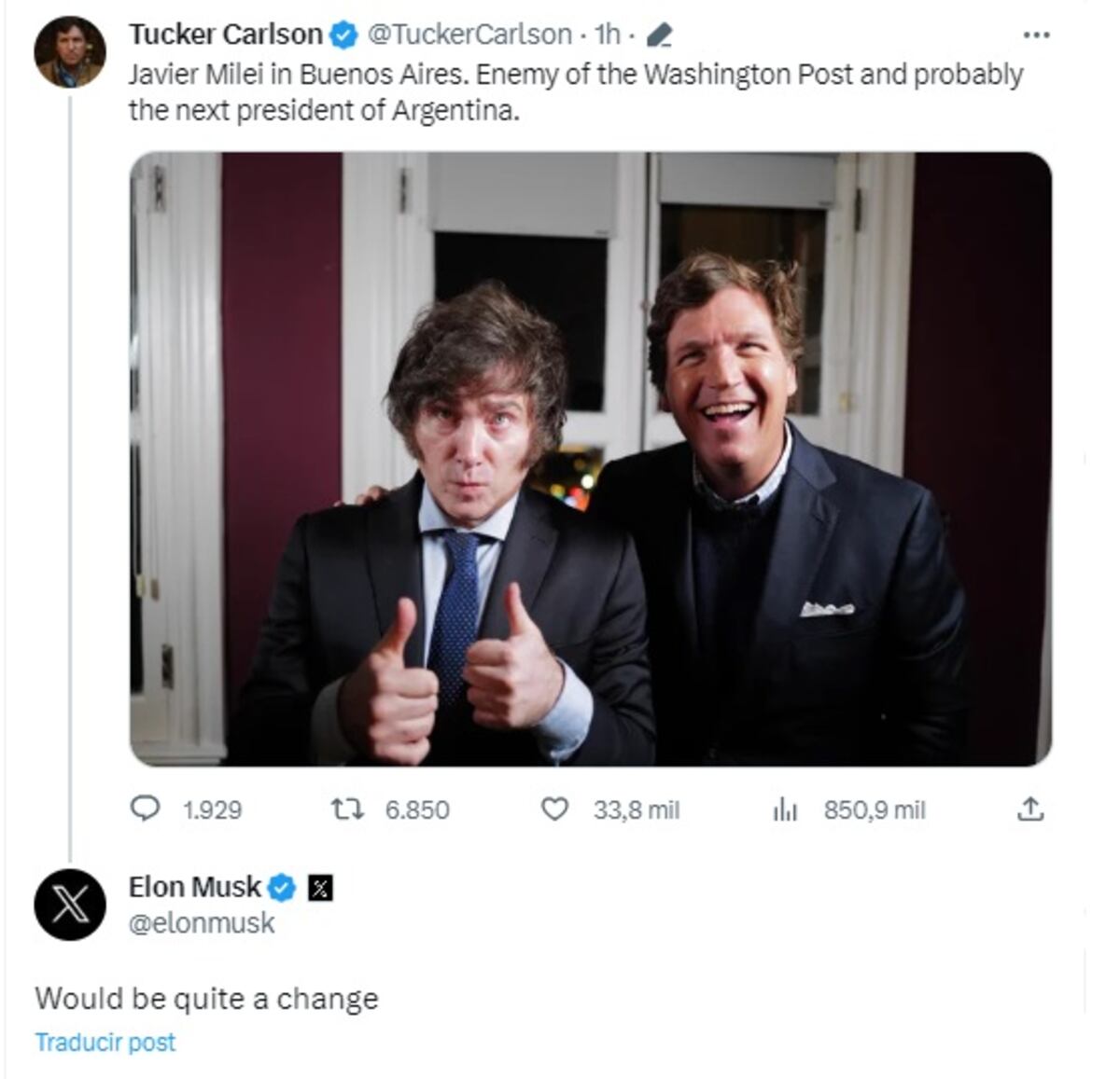 La respuesta de Elon Musk a la foto de Carlson con Milei.