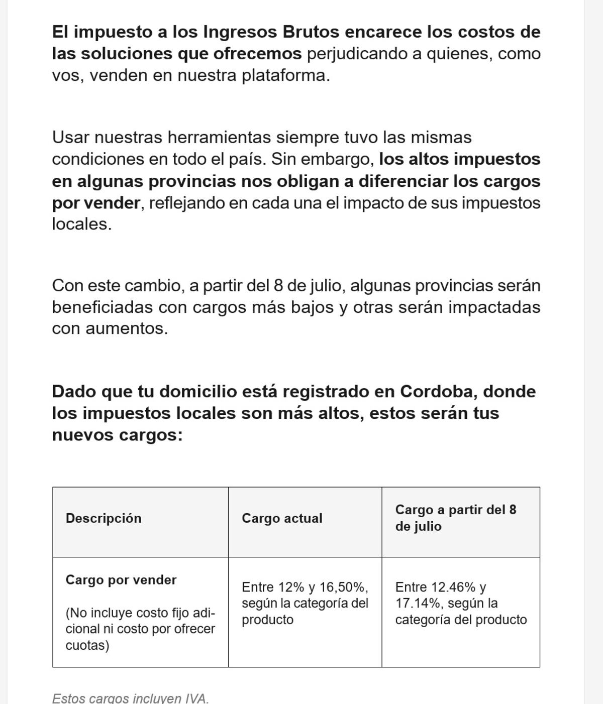 El comunicado de Mercado Libre a los vendedores de Córdoba.