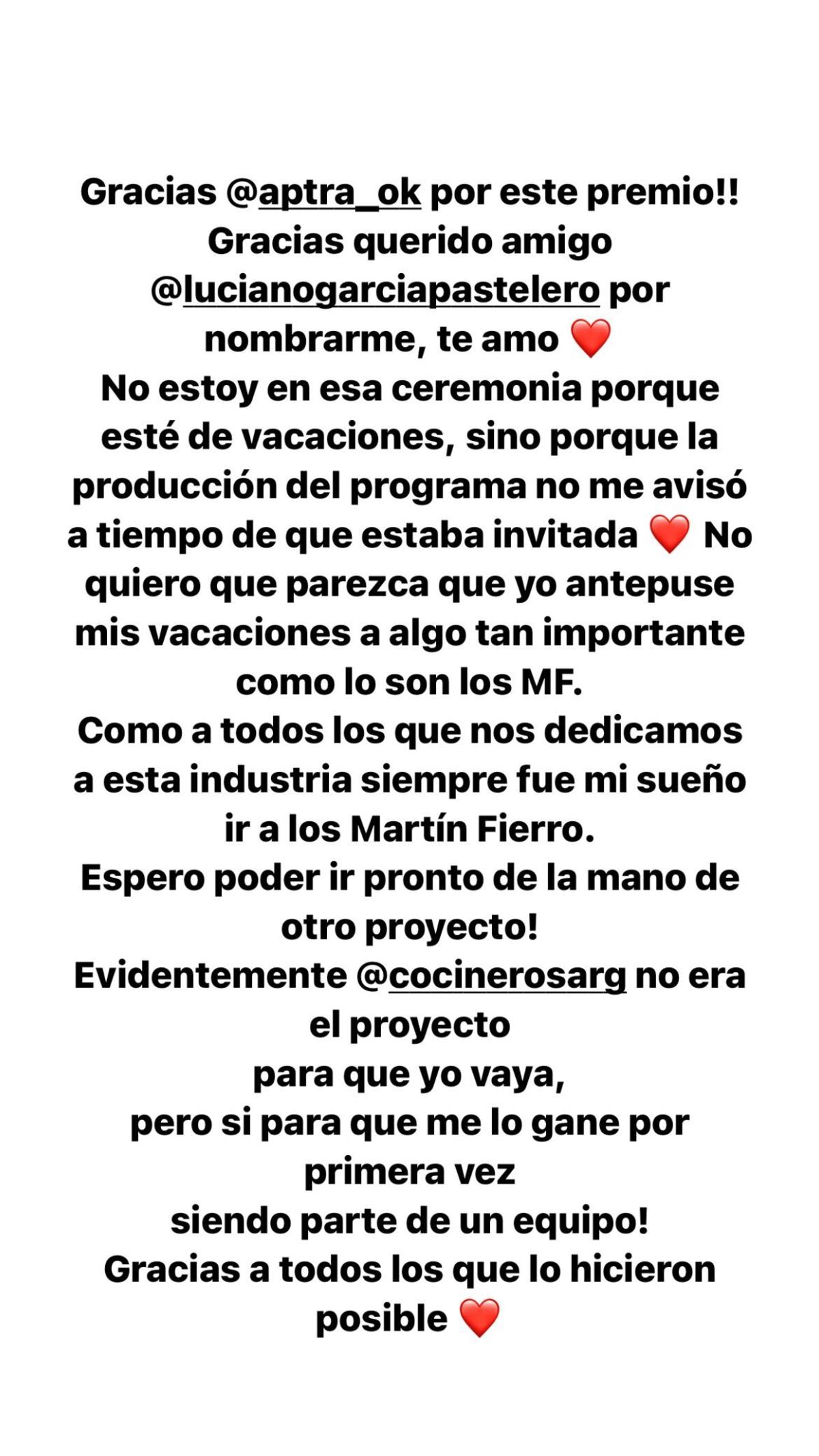 El descargo de Sofía Pachano tras los Martín Fierro. (Instagram)