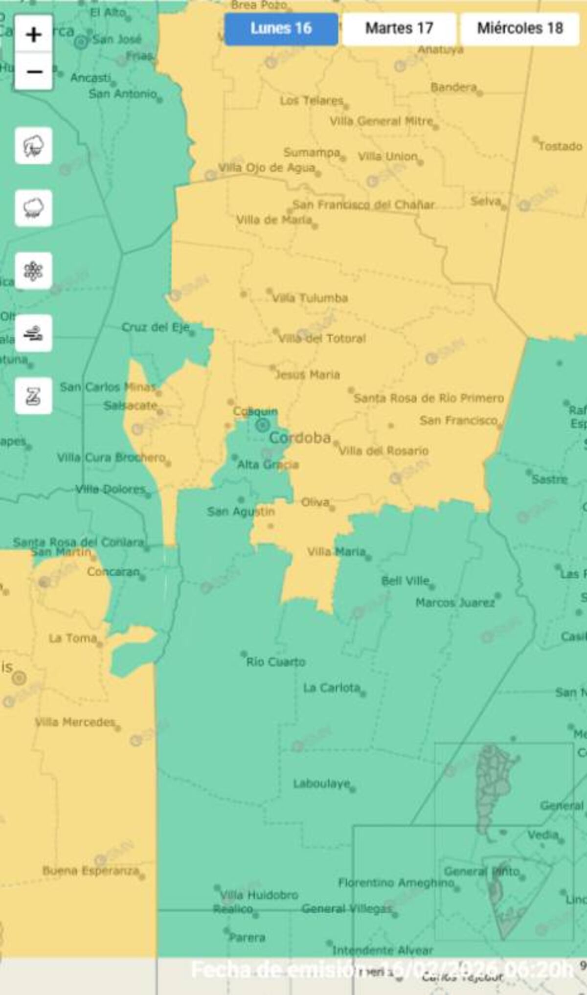 Clima. Alerta amarilla por tormentas para este lunes 16 de febrero. (SMN)
