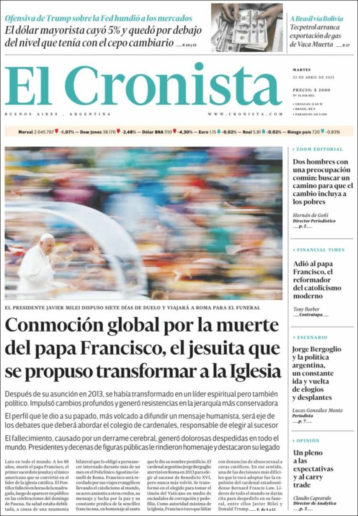 Las tapas de los diarios de Argentina y el mundo por la muerte del papa Francisco.