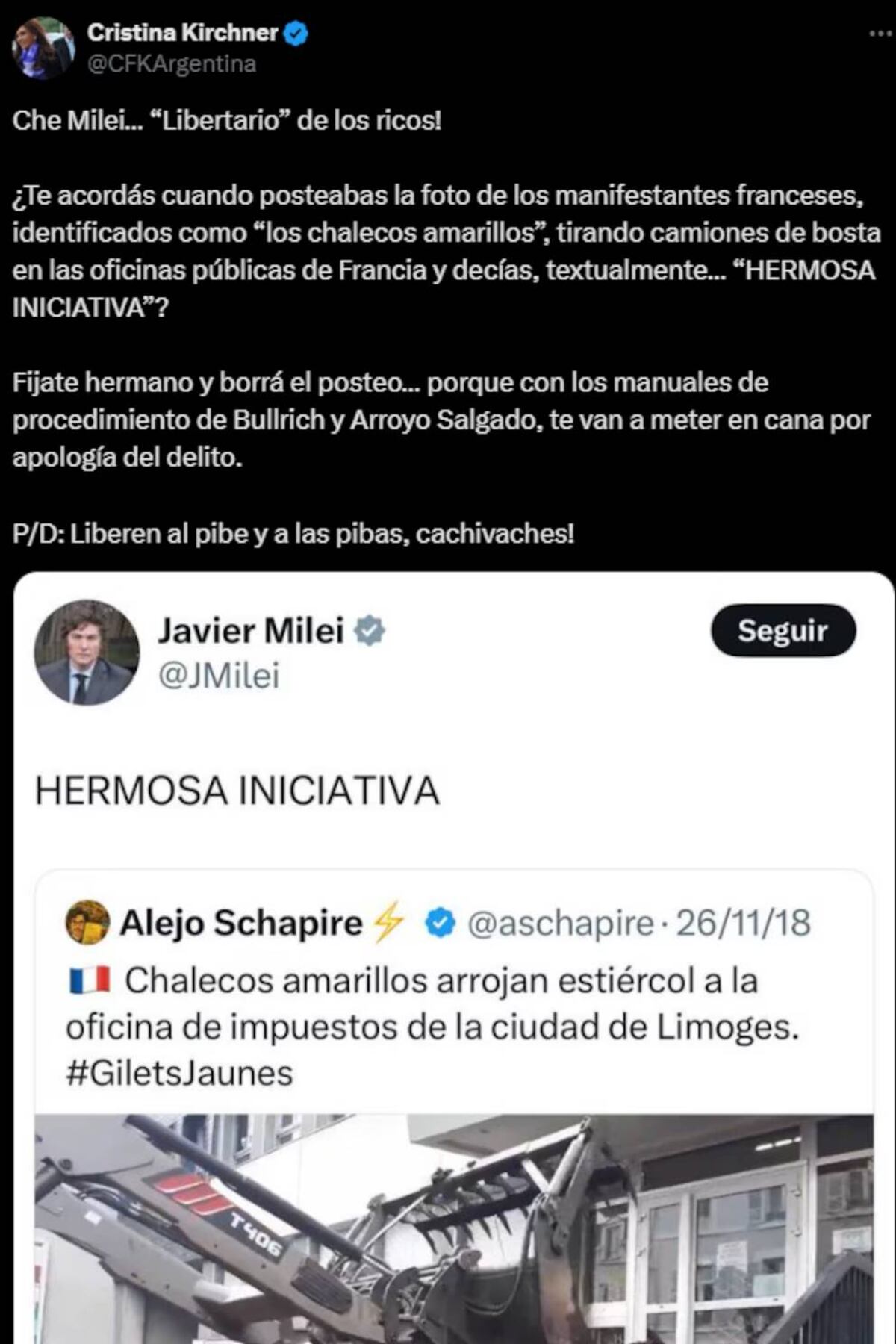La exmandataria cuestionó la coherencia del presidente al comparar su apoyo a manifestaciones en Francia con la criminalización de protestas en el país y solicitó la liberación de los arrestados. (X)