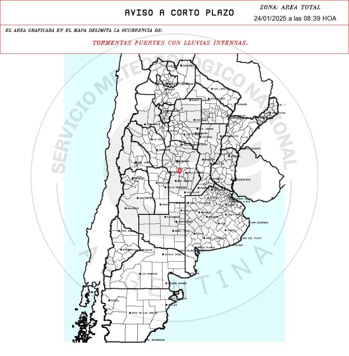 Alerta a corto plazo por tormentas fuertes para dos departamentos de Córdoba.