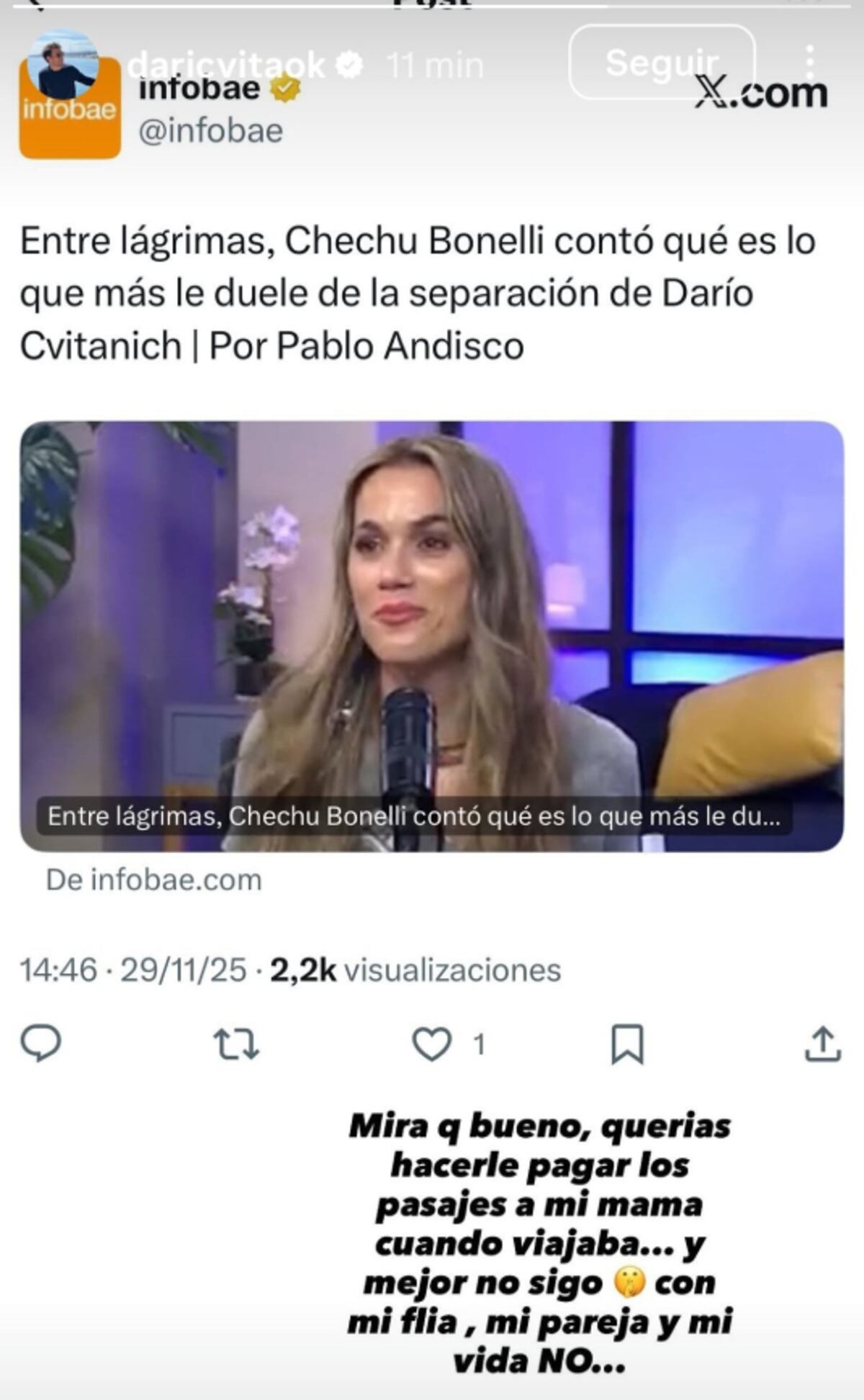 El posteo de Darío Cvitanich contra Cecilia Bonelli. (Captura)