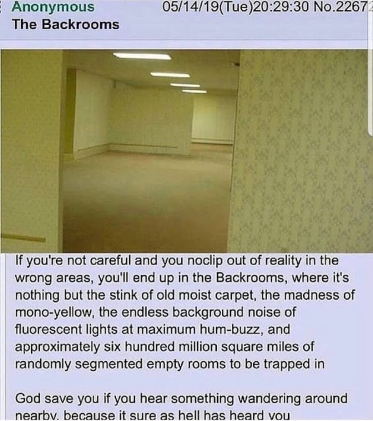 Primer posteo registrado de los backrooms. De manera anónima, un usuario de 4chan advierte contra deslizarse entre paredes y caer a los Backrooms.