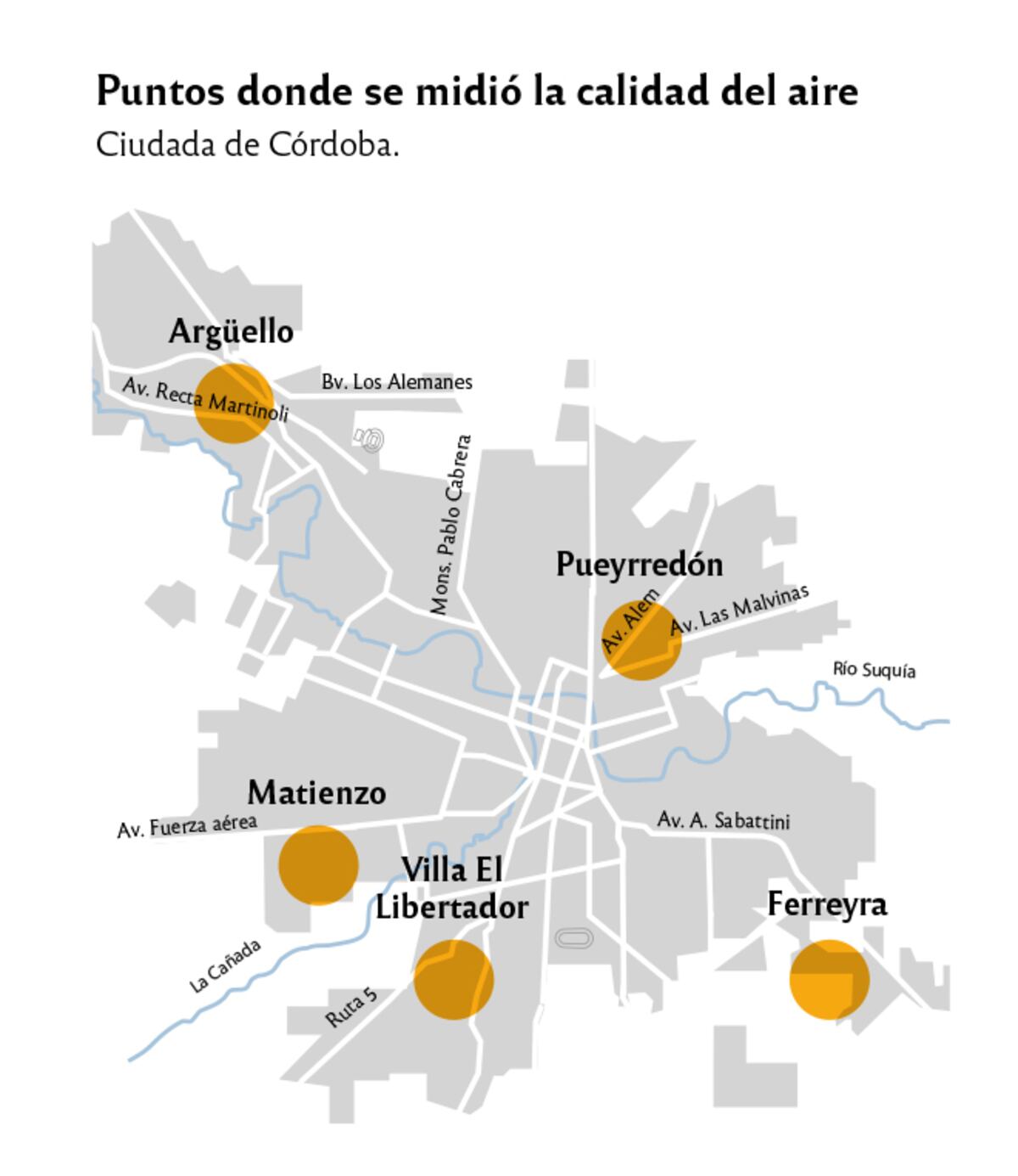 Las cinco zonas donde se midió el aire. (LaICA) Infografía de UNCiencia.