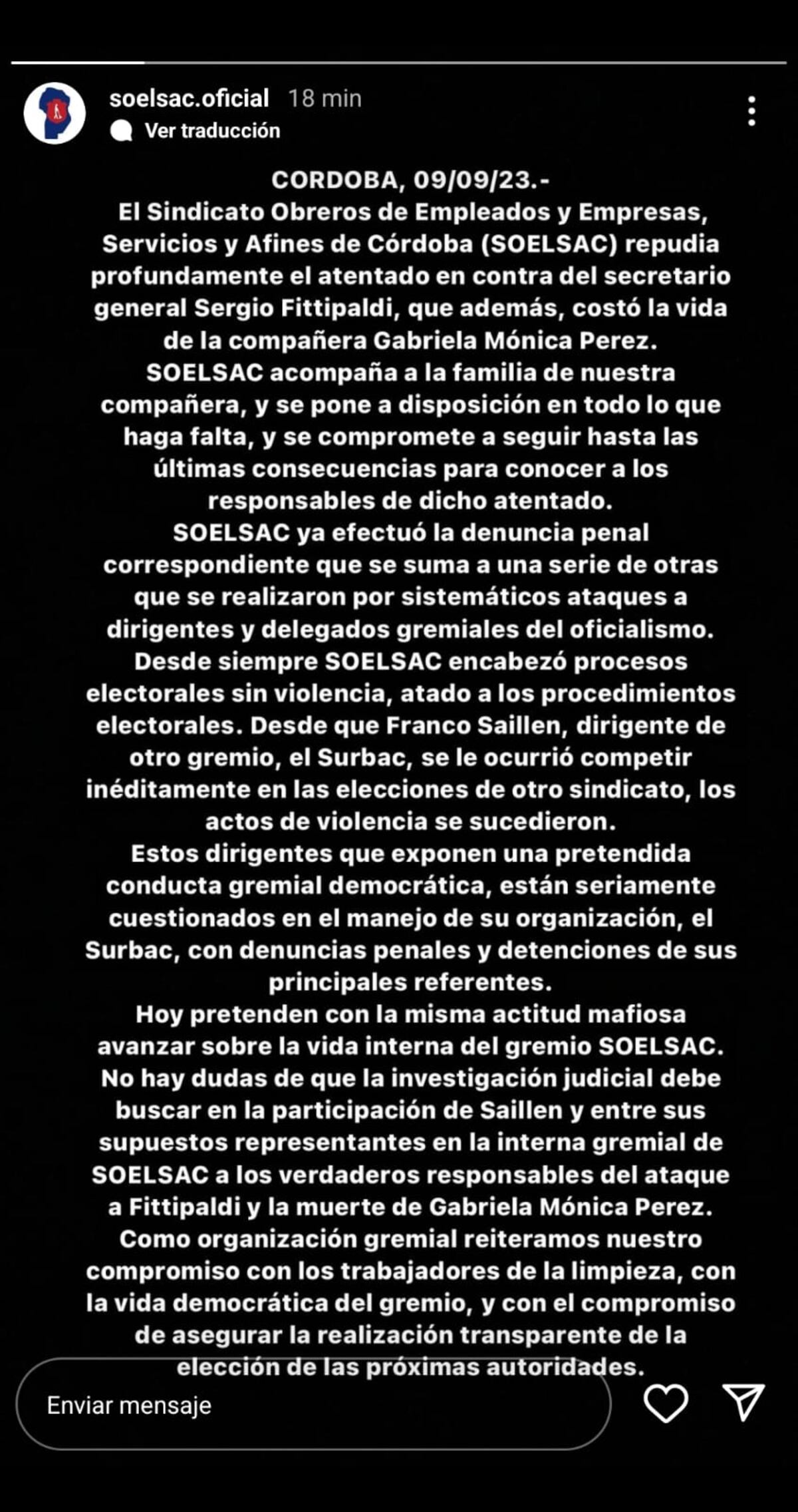 El comunicado de prensa del gremio, tras el asesinato ocurrido este sábado. (Captura)
