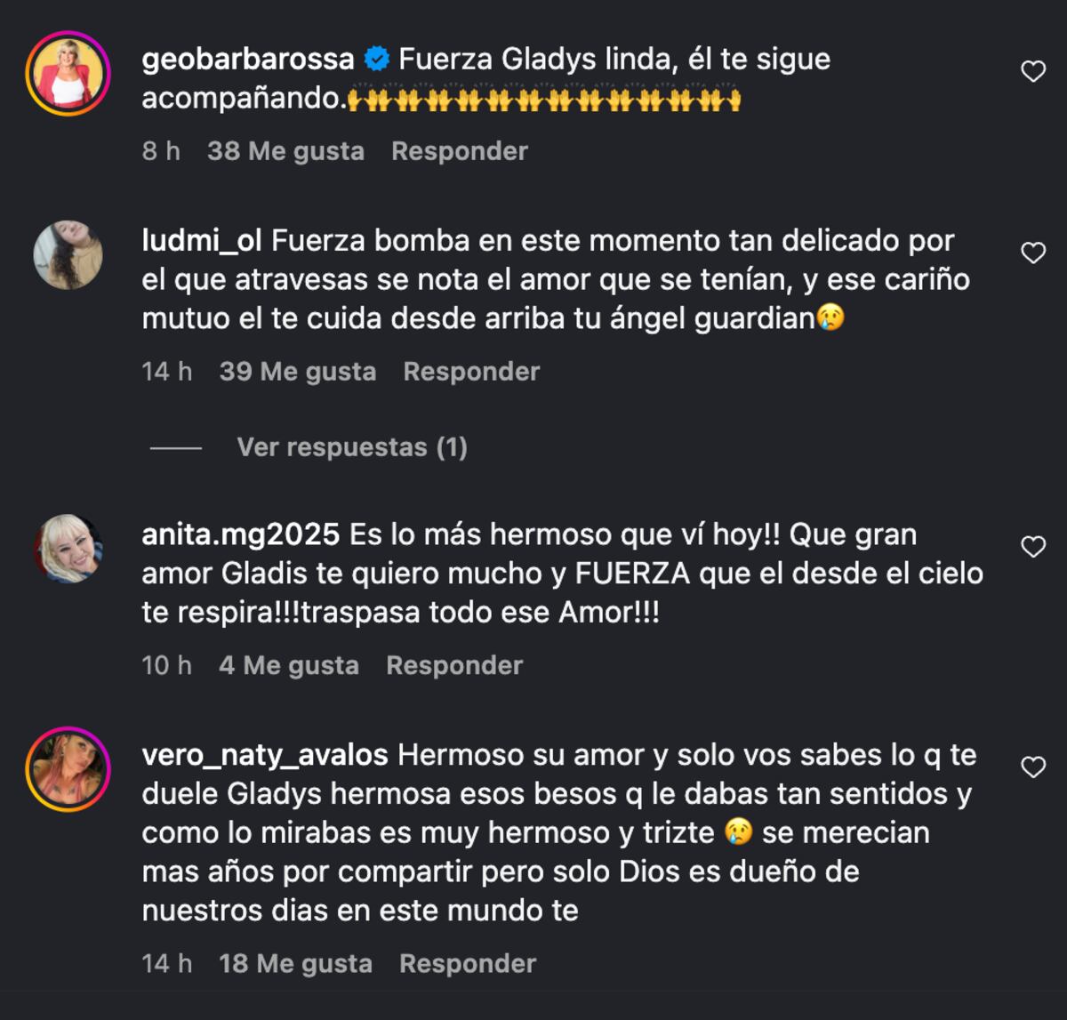Algunos de los comentarios que le dejaron a Gladys en su publicación expresando apoyo y cariño en este momento tan difícil que atraviesa. (Foto: captura de pantalla)