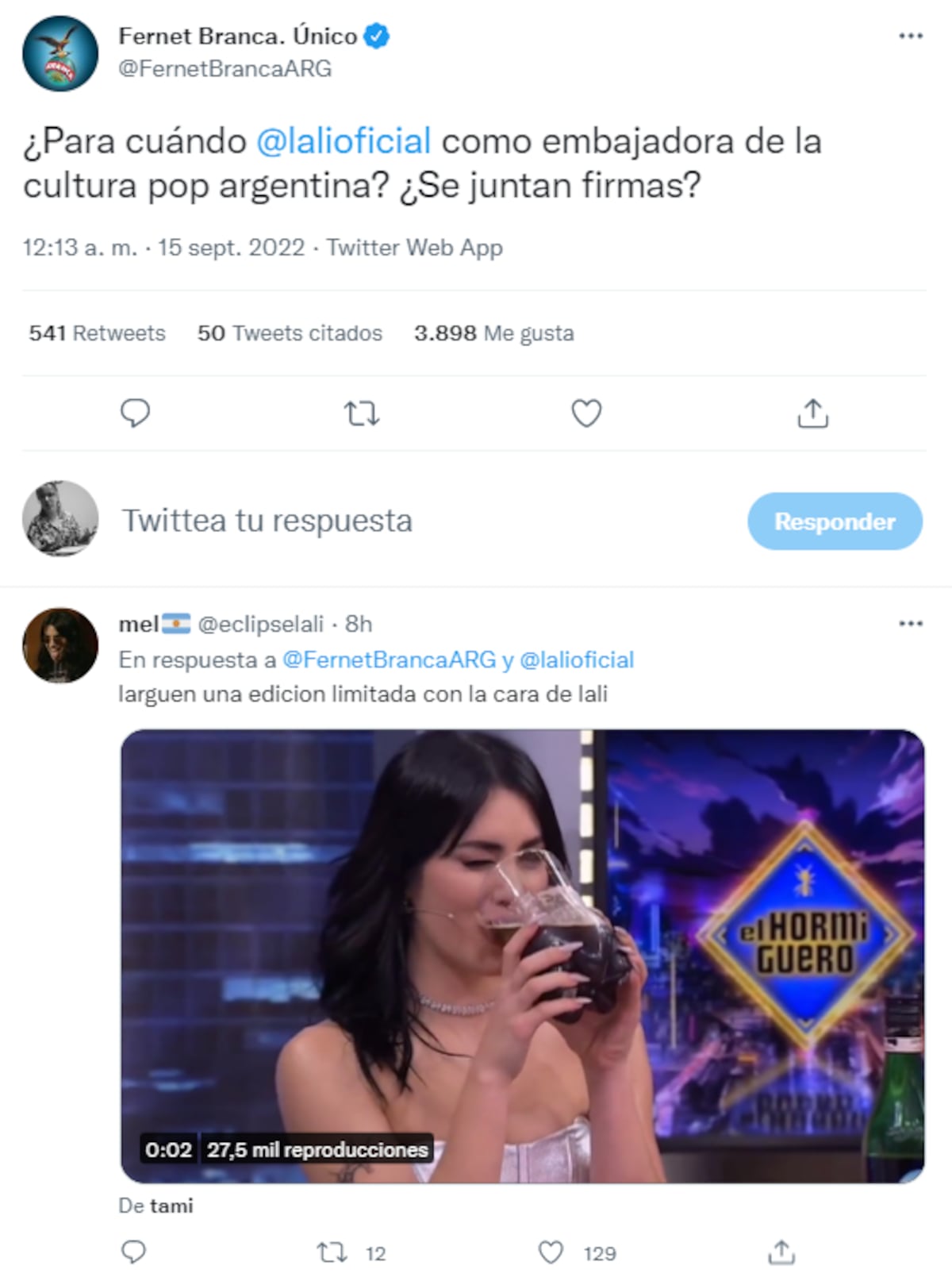Lali fue propuesta como "embajadora de la cultura pop argentina" por Fernet Branca (Captura de pantalla)