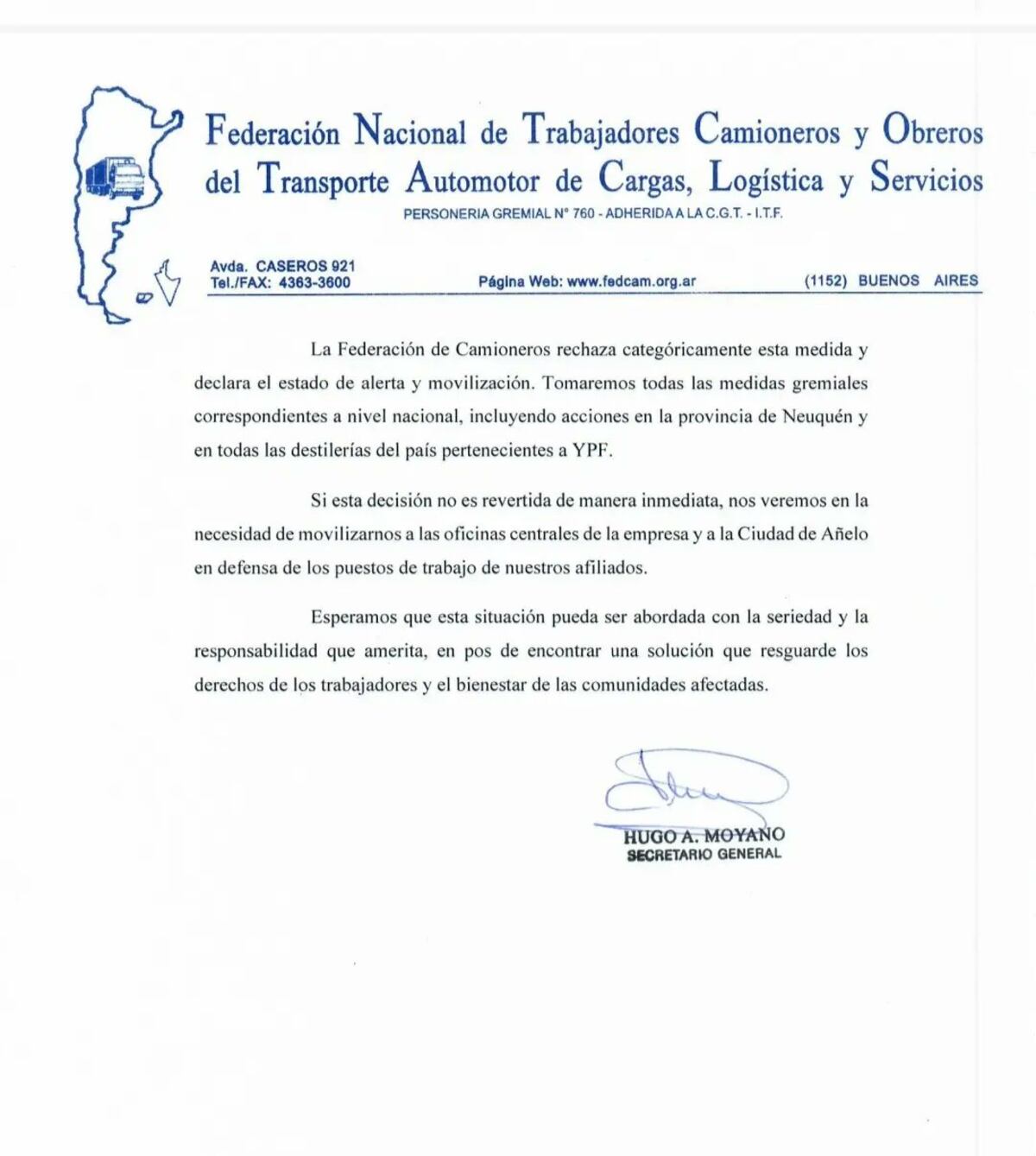 El escrito que la Federación de Camioneros le envió a YPF. (X)