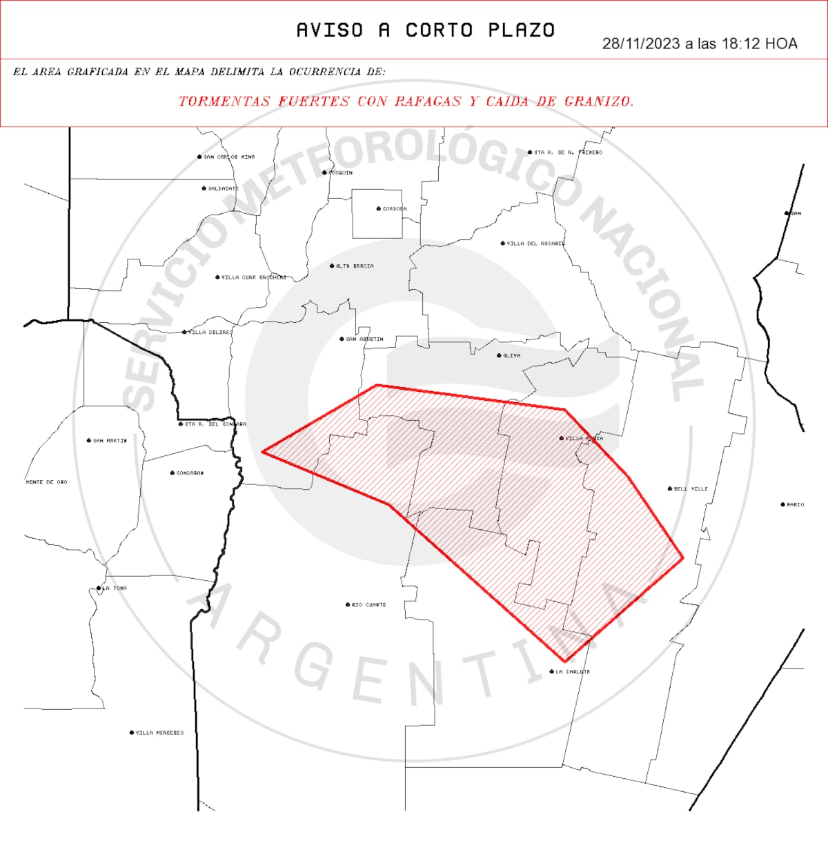 Alerta a corto plazo en Calamuchita, General San Martín, Juárez Celman, Río Cuarto, Tercero Arriba y Unión.