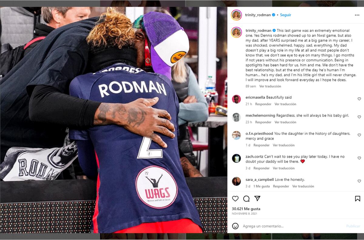 El posteo en Instagram en el que Trinity Rodman habla de la relación con su padre, figura de la NBA en los '90. (@trinity_rodman)