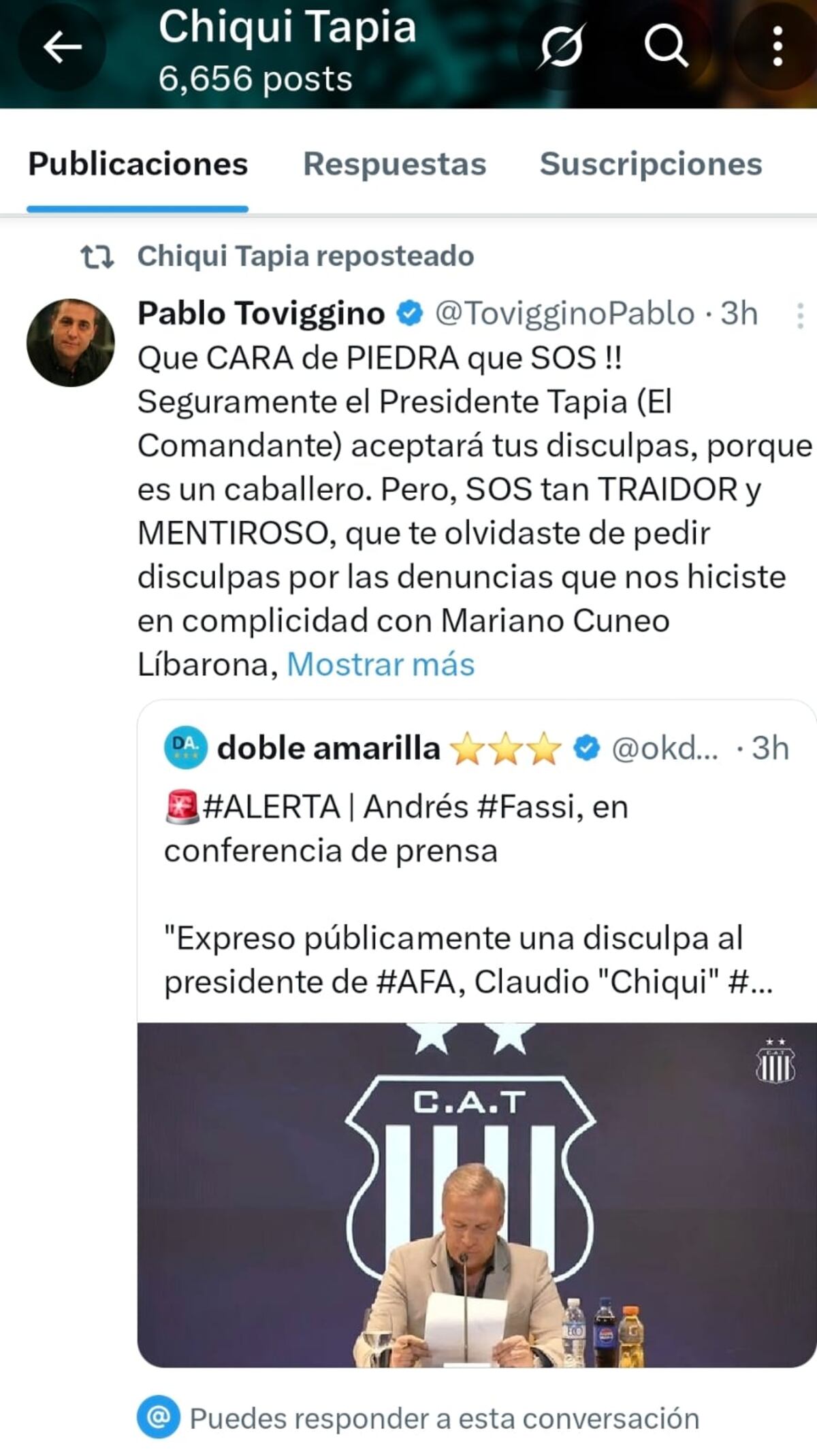 El reposteo de Claudio Tapia a las acusaciones de Toviggino. (Captura de imagen)