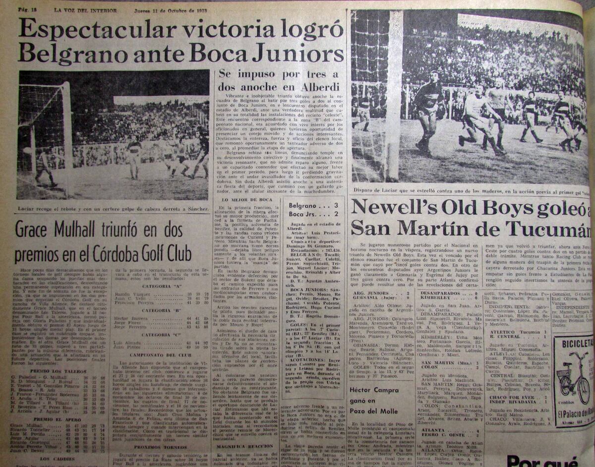 Publicación de La Voz del triunfo de Belgrano sobre Boca el 10 de octubre de 1973, en Alberdi. (Archivo de GUstavo Farías)