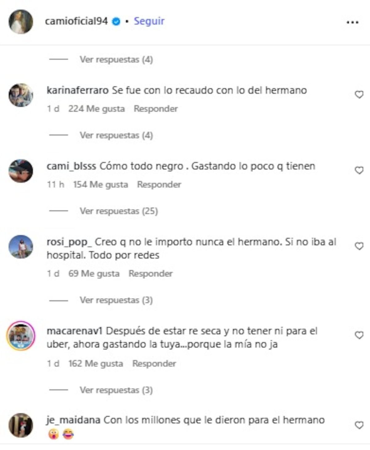 Las críticas hacia Camilota en Instagram.