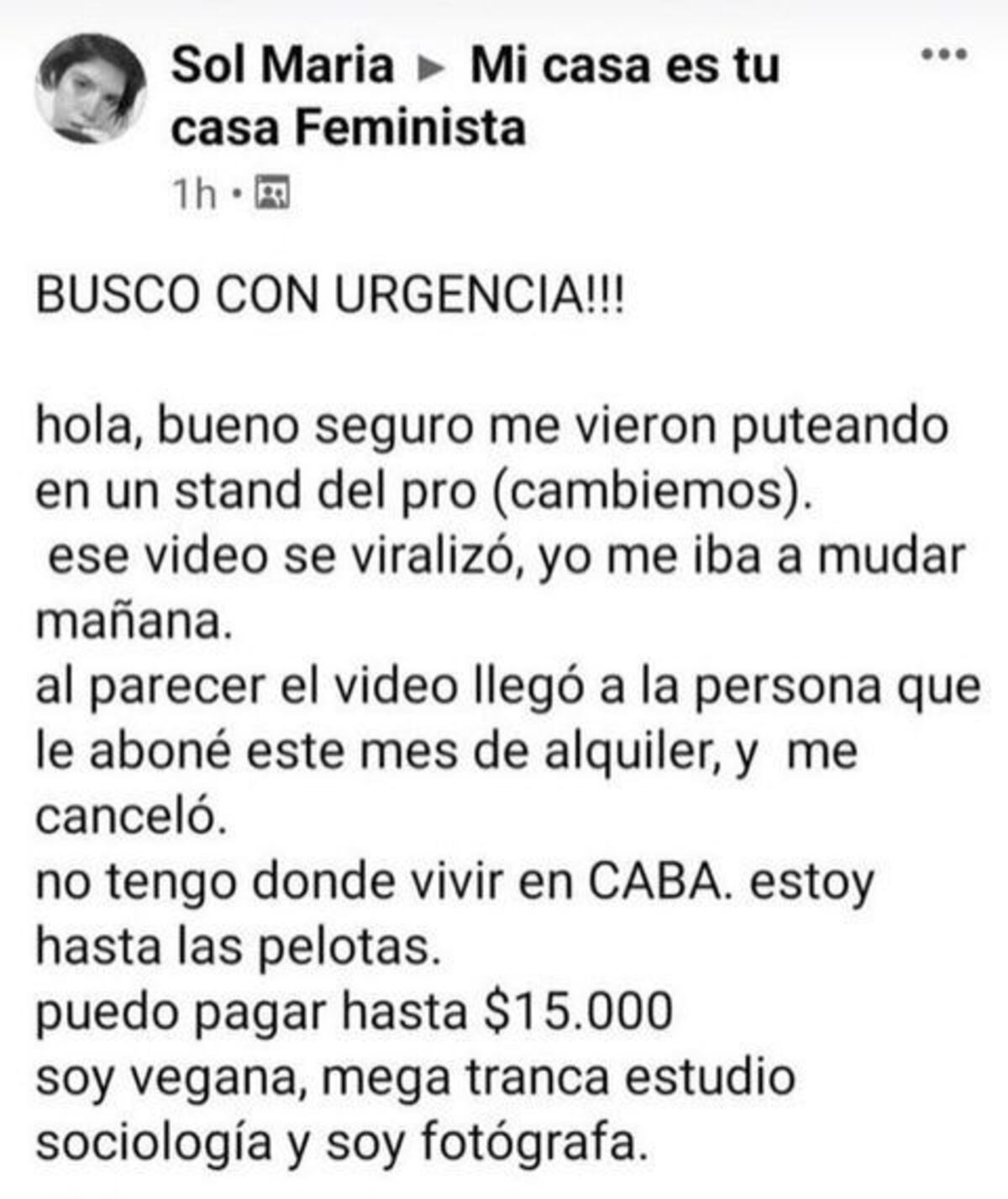 La publicación que escribió Guillot en un grupo de "alquiler feminista". (Facebook)