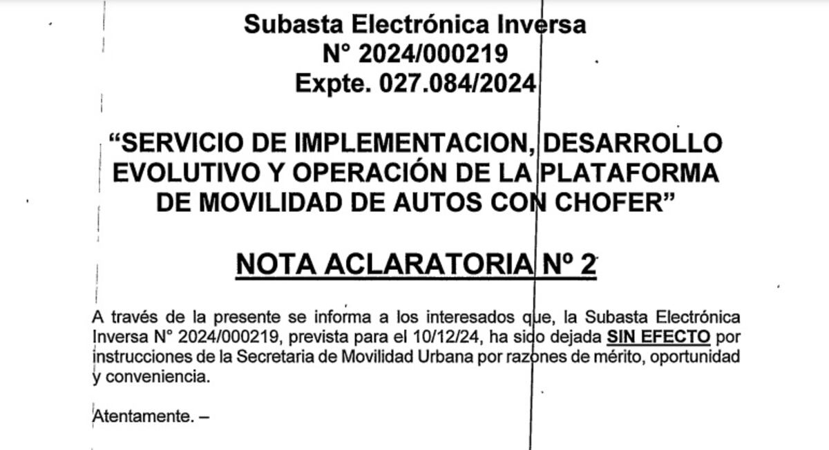 La Municipalidad dejó sin efecto la subasta para la plataforma estatal de autos con chofer (Captura web).