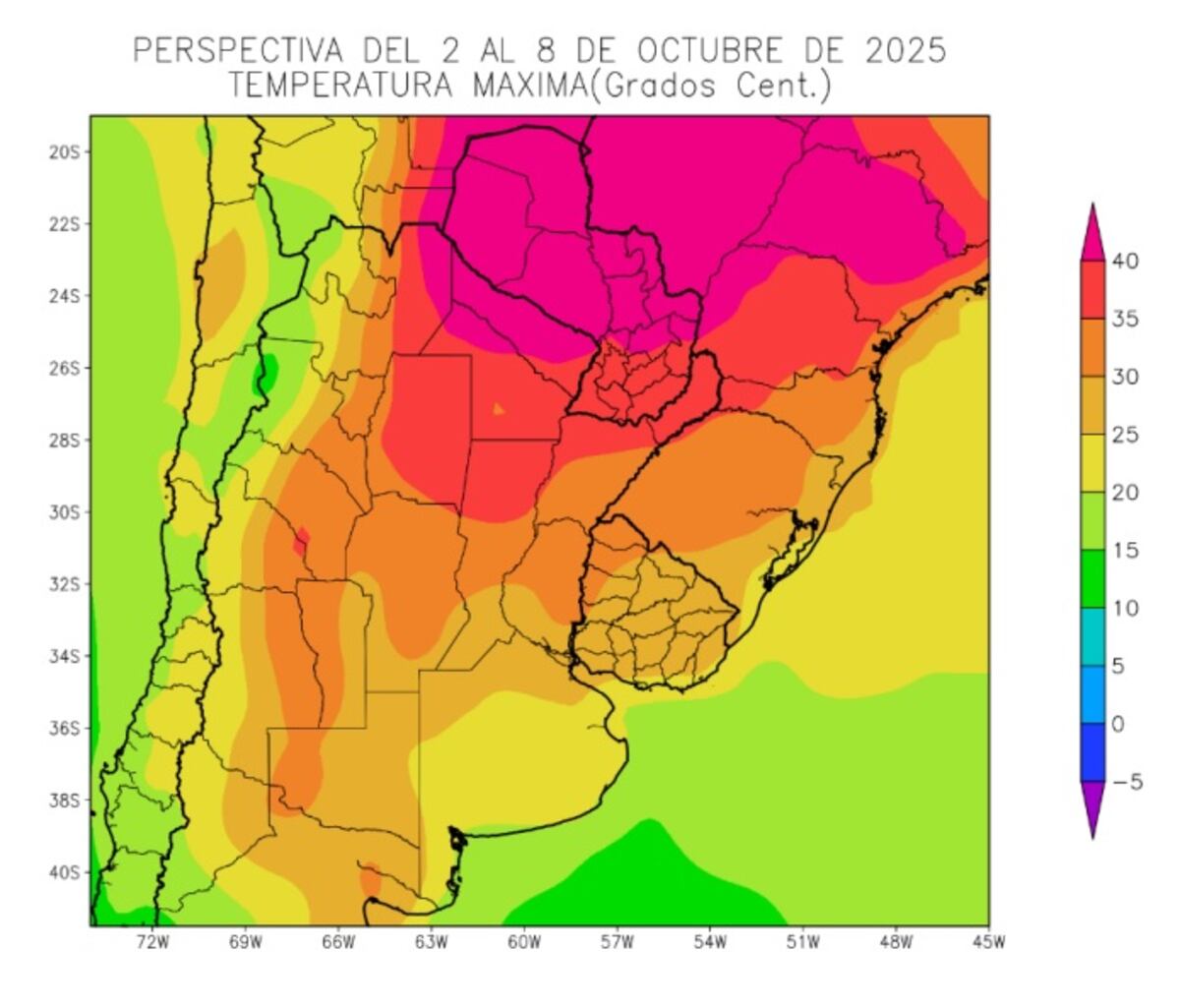 Perspectiva agroclimática: temperaturas máximas durante el 2 de octubre y el 8 de octubre. (Gentileza Bolsa de Cereales de Buenos Aires)