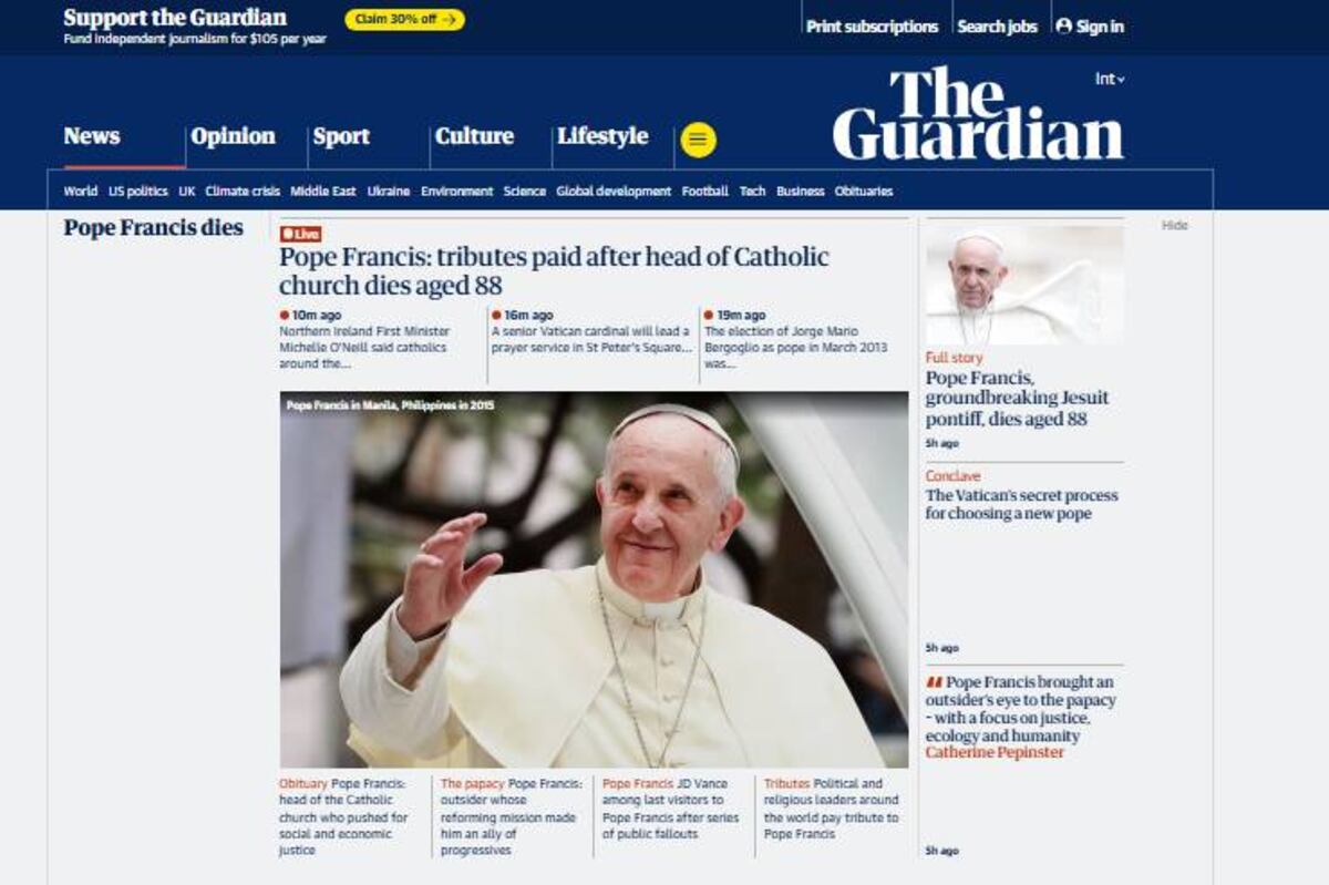 The Guardian. Los portales del mundo se hicieron eco de la muerte del Papa Francisco.