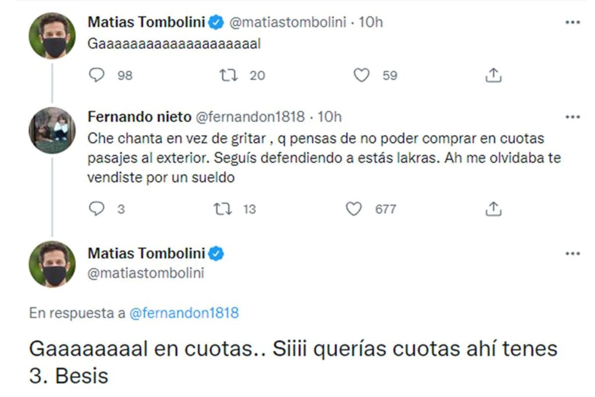 Los comentarios de Tombolini en Twitter (Captura).