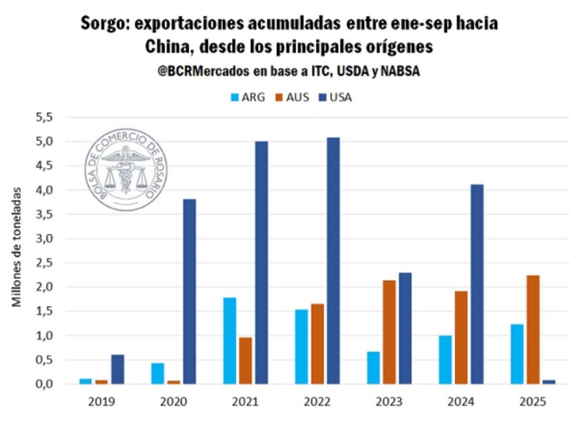 Las exportaciones norteamericanas de sorgo se desplomaron, y no pudieron colocar ni 100.000 toneladas en el mercado chino. (Gentileza BCR)