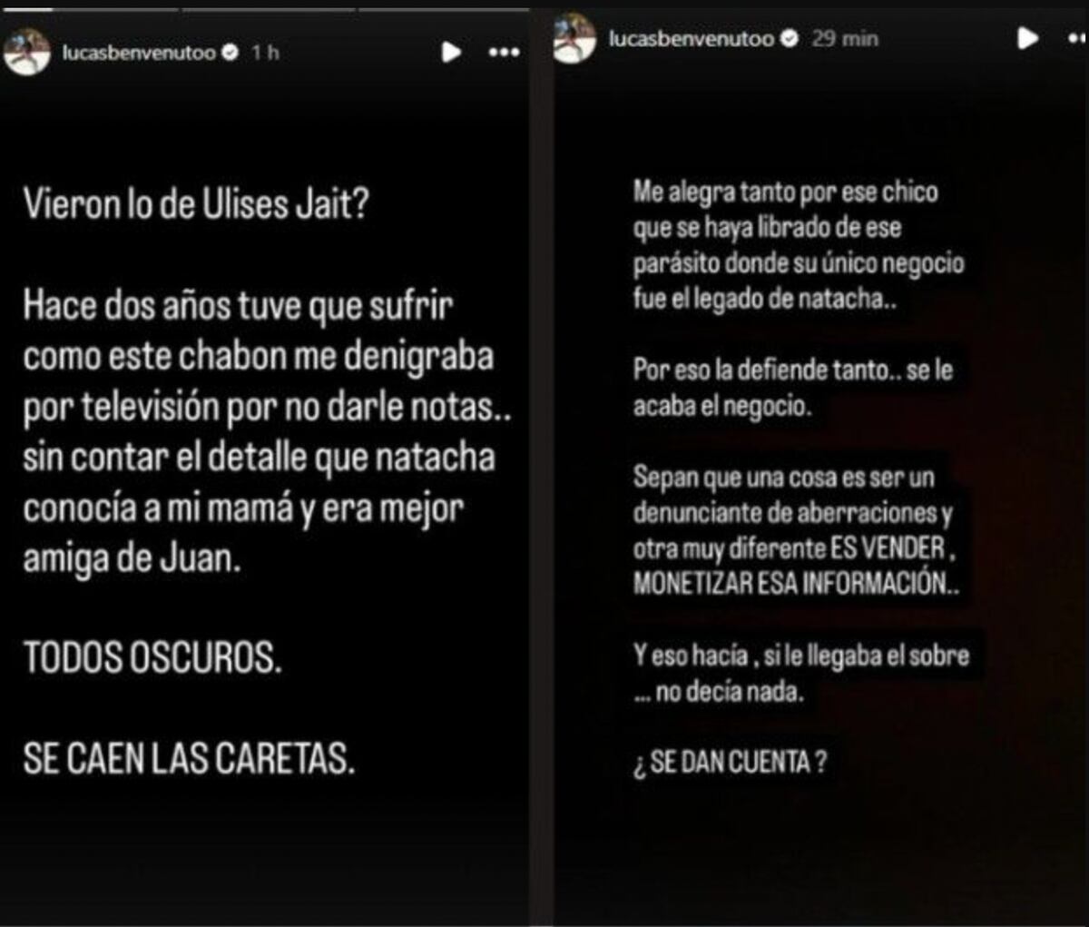 Las historias de Lucas Benvenuto contra Ulises Jaitt tras la denuncia de Valentino Yospe. (Fotos: captura de pantalla)
