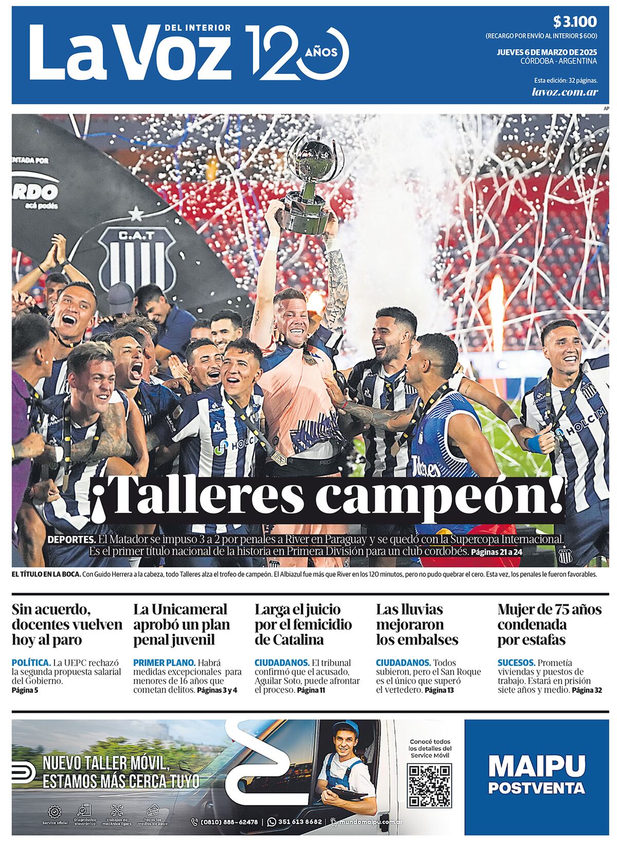 Talleres Campeón. Cobertura en el papel de La Voz. (La Voz)