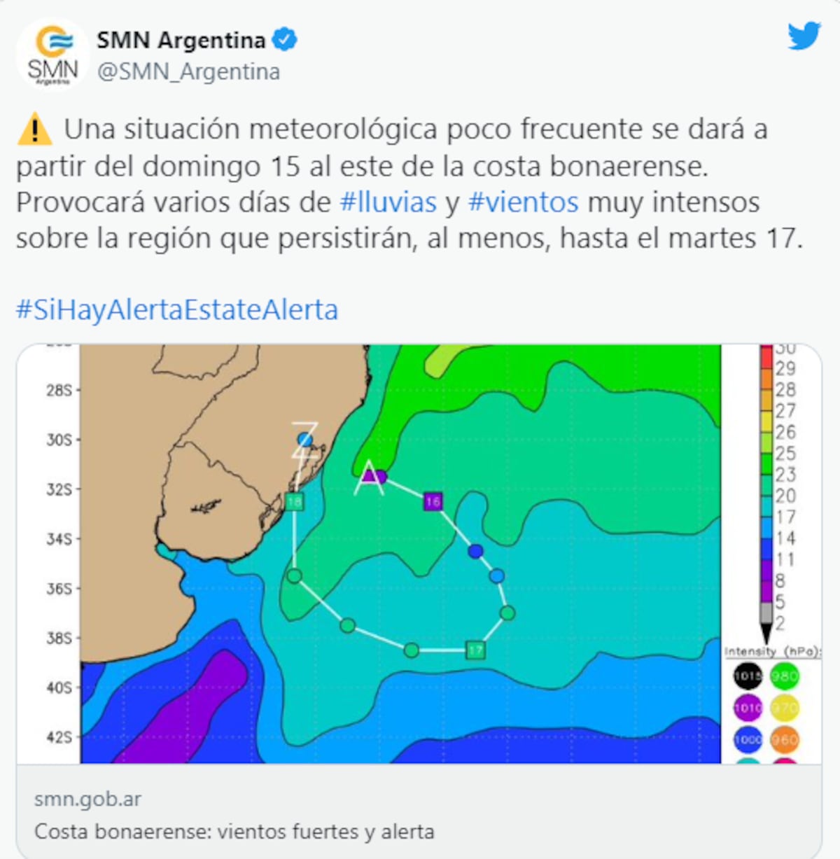 El SMN alertó a la costa bonaerense de una "ciclón extratropical" y "poco frecuente".