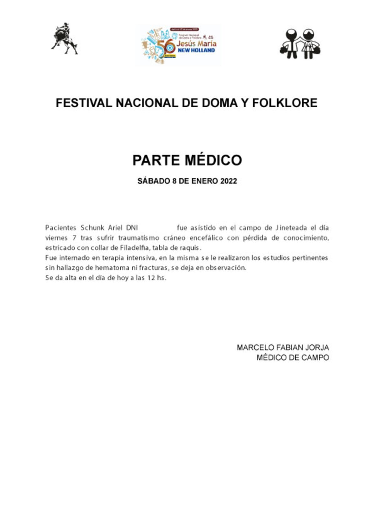 Parte médico de Ariel Schunk.