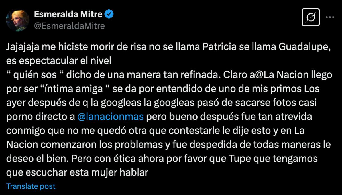 El tuit de Esmeralda Mitre contra Guadalupe Vázquez. (Foto: captura de pantalla)