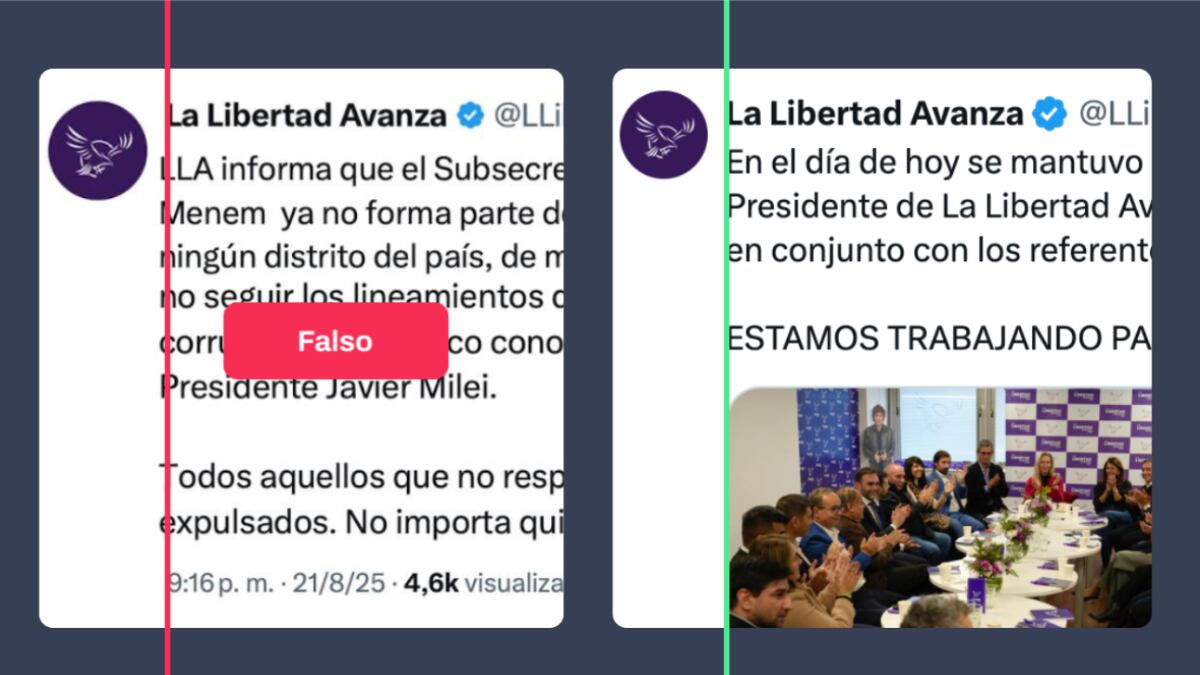 Reverso. A la izquierda, la captura viral falsa con el usuario y textos desalineados; a la derecha, un tuit verdadero de @LLibertadAvanza con los elementos alineados.