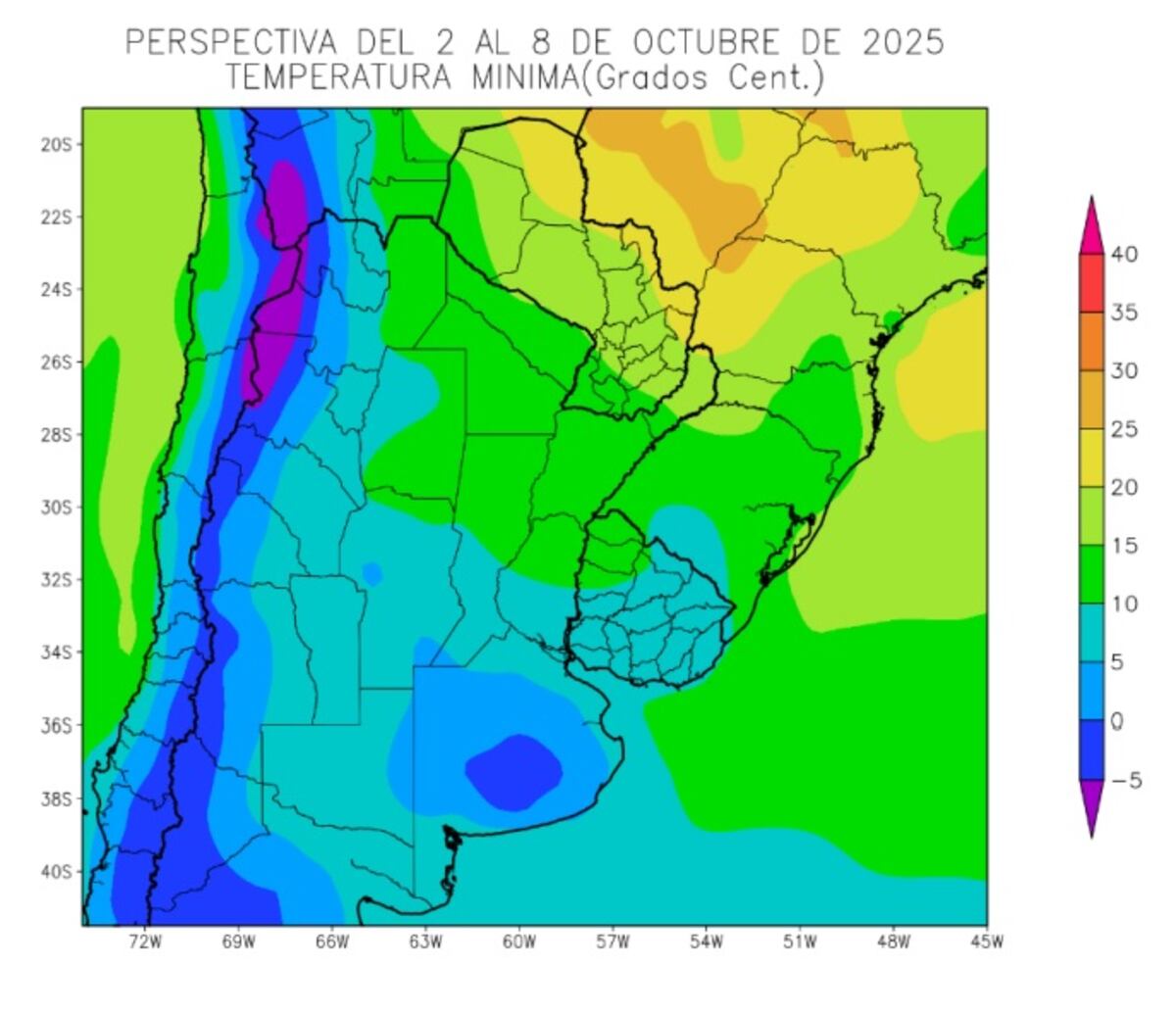 Perspectiva agroclimática: temperaturas mínimas durante el 2 de octubre y el 8 de octubre. (Gentileza Bolsa de Cereales de Buenos Aires)