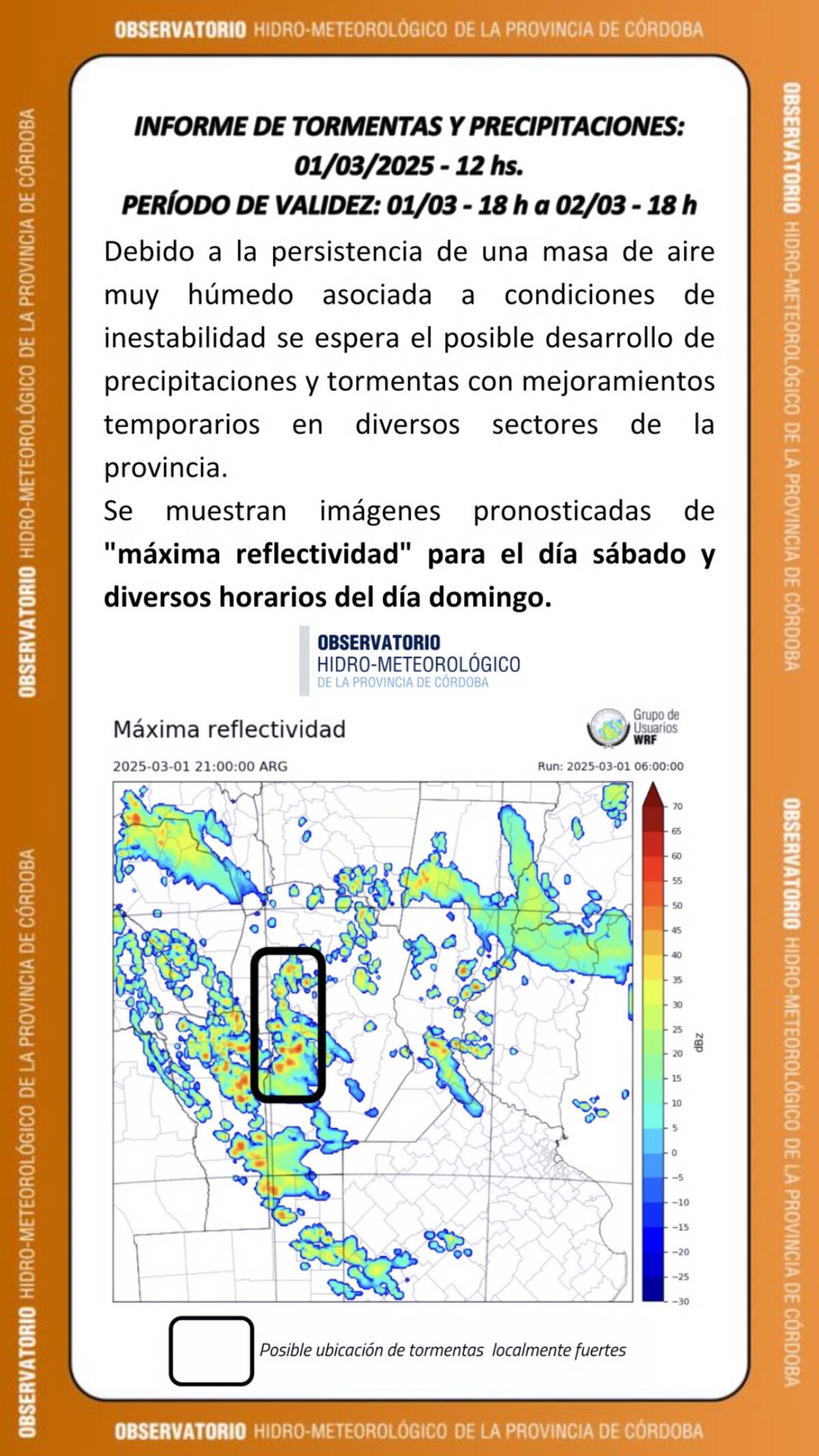 Precipitaciones en Córdoba. El aviso del Observatorio Hidro-Meteorológico. (Gentileza)