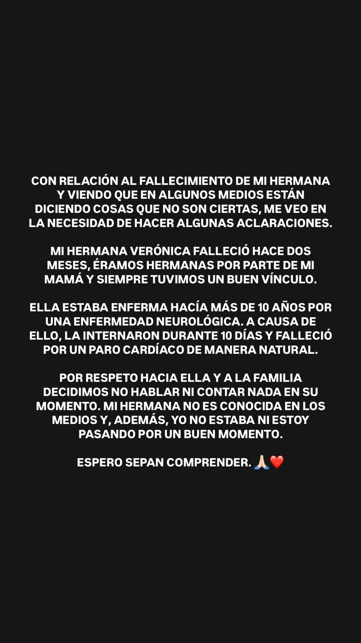 El mensaje de Jésica Cirio para aclarar las circunstancias de la muerte de su hermana. (Instagram @jesicacirio).