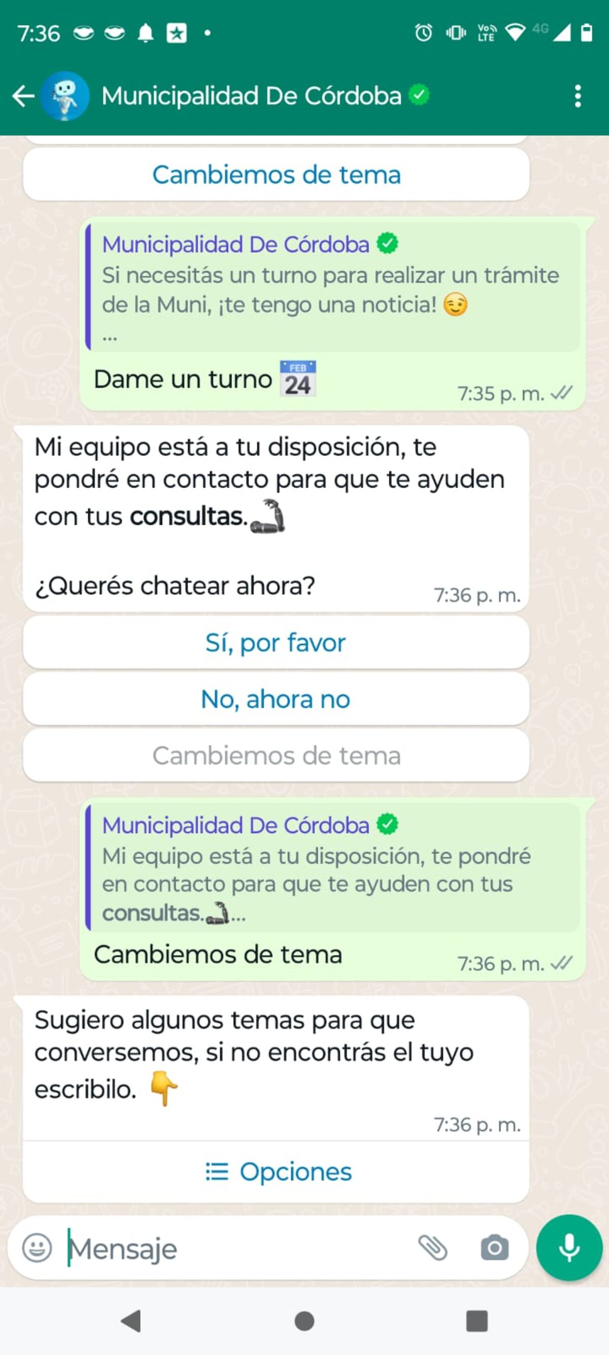 Así es el menú que se despliega con el número de Whatsapp municipal (La Voz).