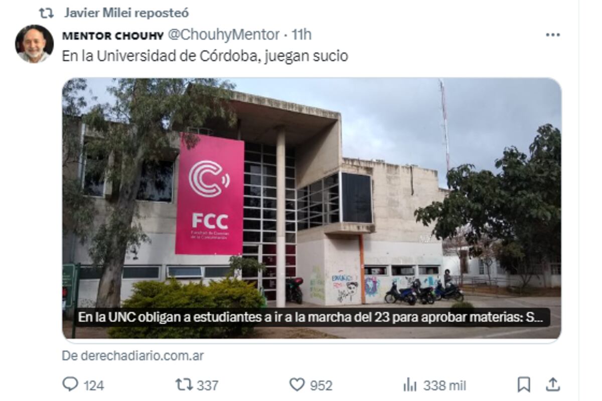 Milei reposteó un artículo de un medio que selañaba "adoctrinamiento"