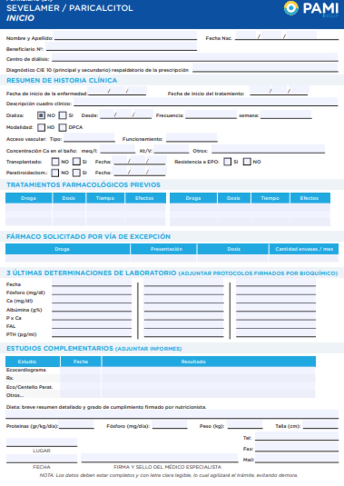 Formulario para los medicamentos sevelamer o paricalcitol. (Pami)