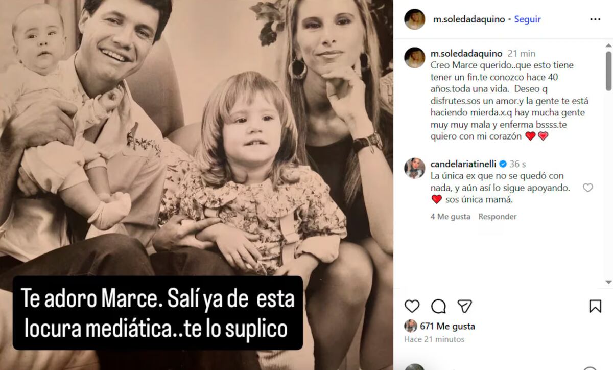 La publicación de Soledad Aquino en Instagram suplicándole a Marcelo Tinelli que termine con "esta locura mediática". (Foto: Captura de pantalla)