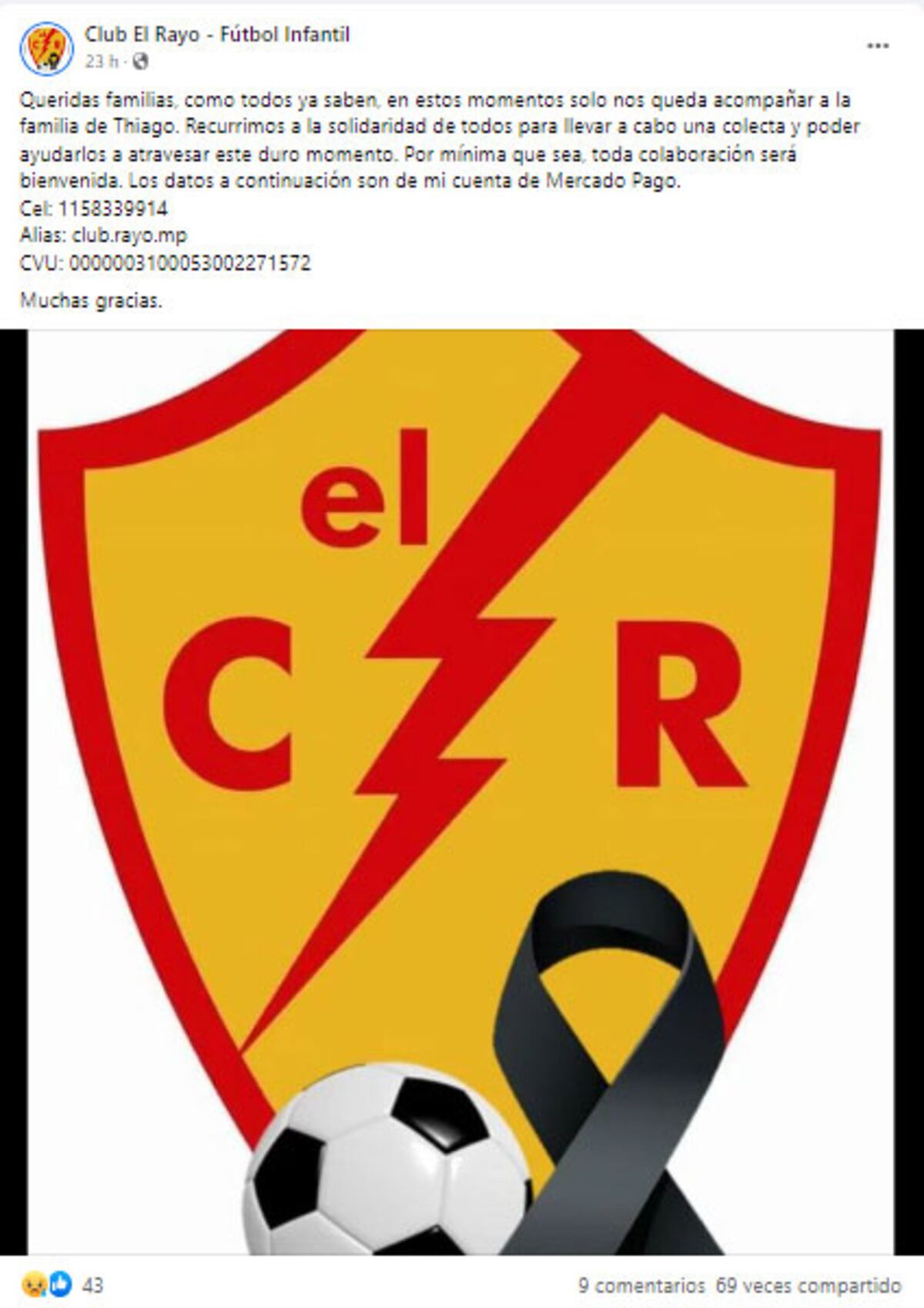 El comunicado del club El Rayo para ayudar a la familia de Thiago.