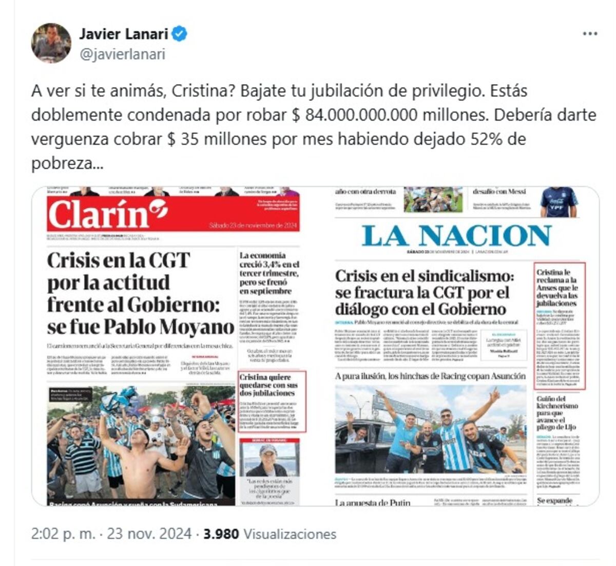 La respuesta del Gobierno a Cristina Kirchner. (@javierlanari)